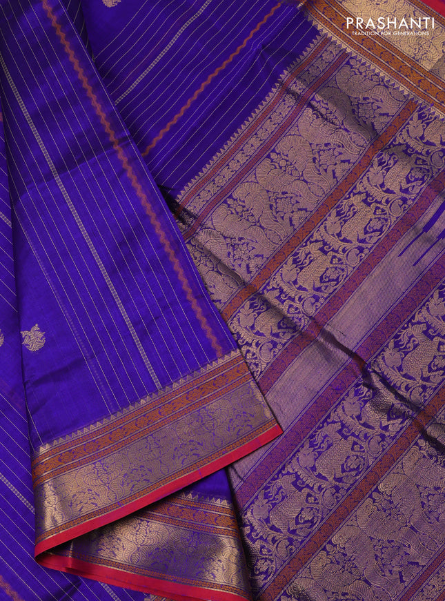 Kanchipuram silk cotton saree blue and maroon with allover thread weaves & buttas and zari woven border