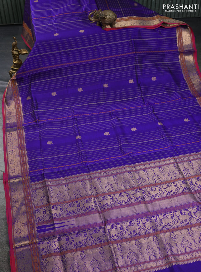 Kanchipuram silk cotton saree blue and maroon with allover thread weaves & buttas and zari woven border