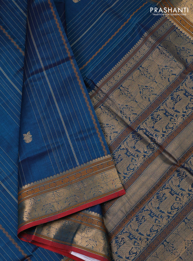 Kanchipuram silk cotton saree peacock green and maroon with allover thread weaves & buttas and zari woven border