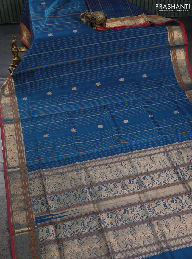 Kanchipuram silk cotton saree peacock green and maroon with allover thread weaves & buttas and zari woven border