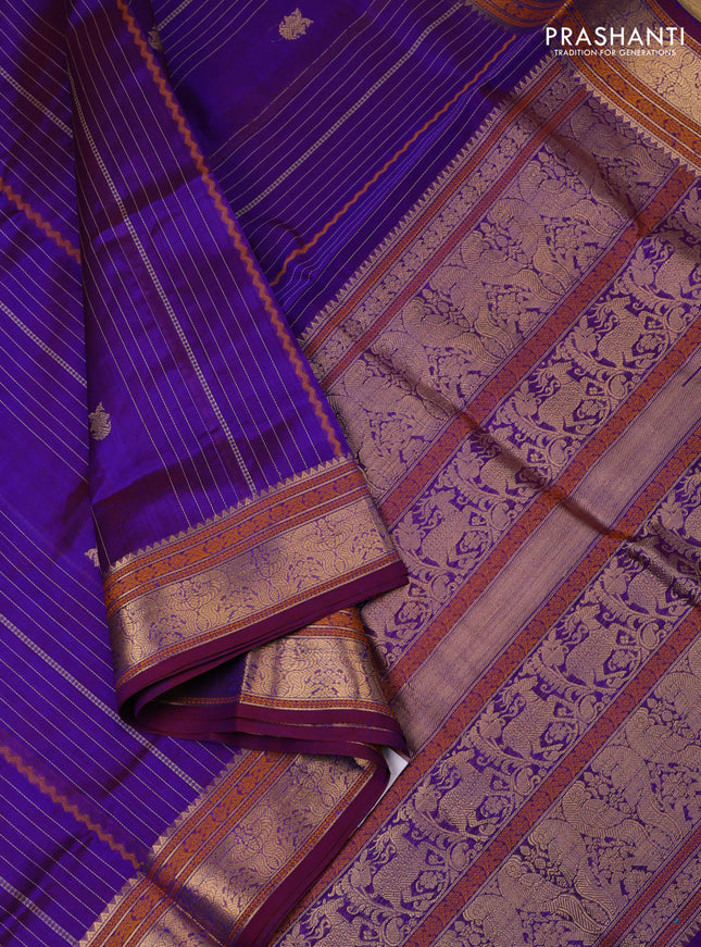 Kanchipuram silk cotton saree dual shade of blue with allover thread weaves & buttas and zari woven border