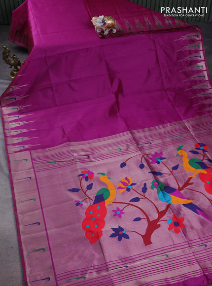 Semi paithani saree purple with plain body and peacock design paithani pallu