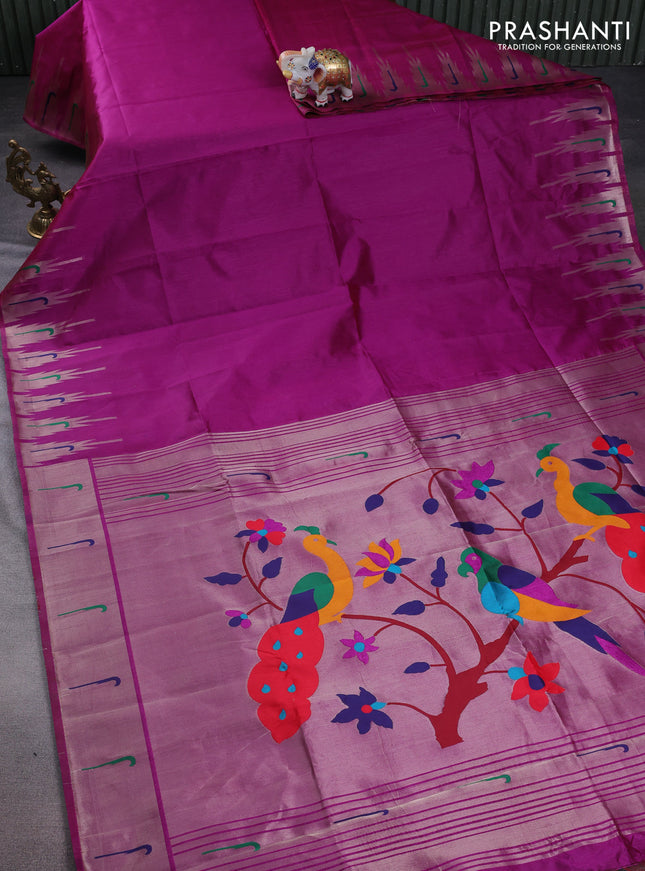Semi paithani saree purple with plain body and peacock design paithani pallu