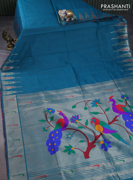 Semi paithani saree peacock green with plain body and peacock design paithani pallu