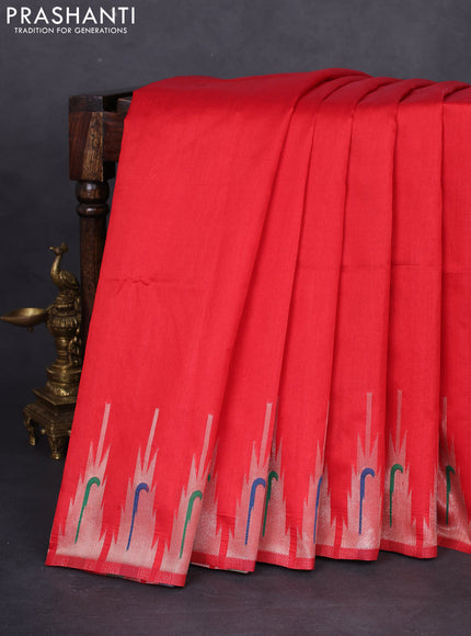 Semi paithani saree red with plain body and peacock design paithani pallu