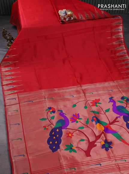 Semi paithani saree red with plain body and peacock design paithani pallu