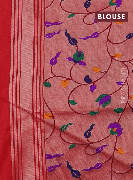 Semi paithani saree red with plain body and peacock design paithani pallu