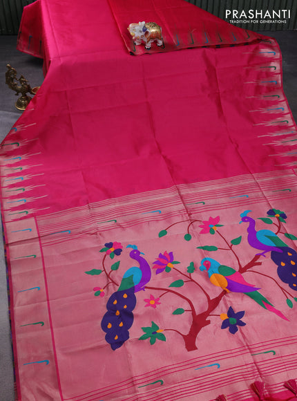 Semi paithani saree pink with plain body and peacock design paithani pallu