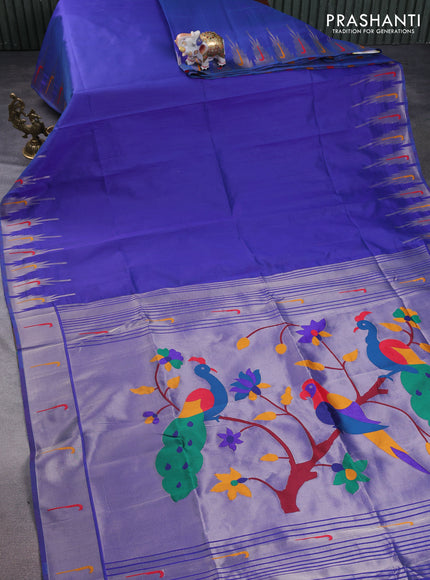 Semi paithani saree blue with plain body and peacock design paithani pallu