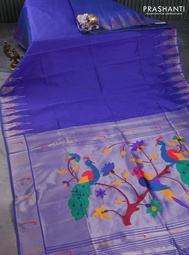 Semi paithani saree blue with plain body and peacock design paithani pallu