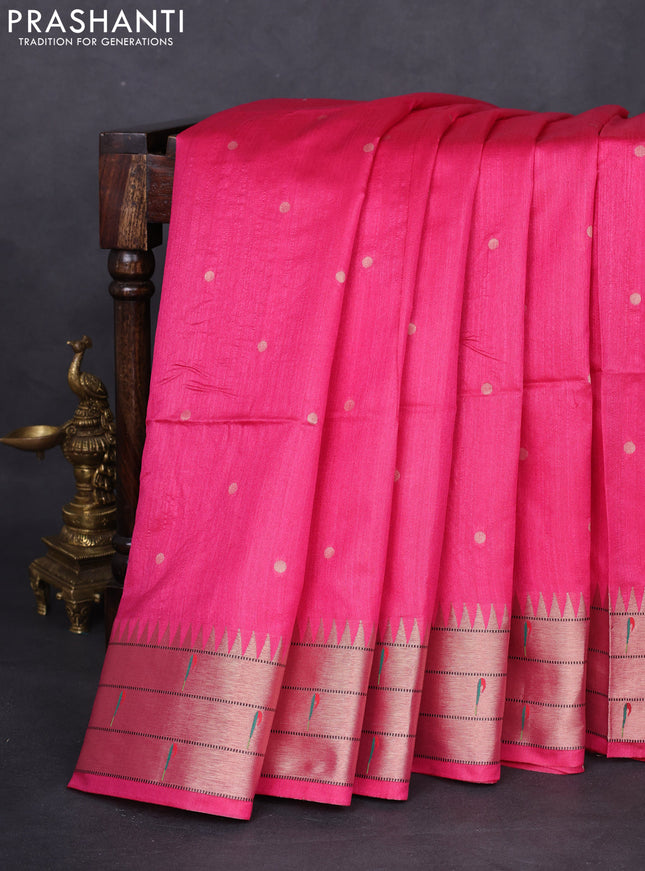 Semi paithani saree pink with allover zari woven buttas and peacock design paithani pallu