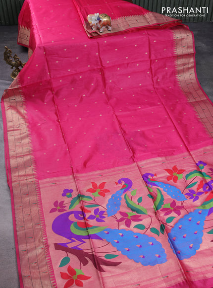 Semi paithani saree pink with allover zari woven buttas and peacock design paithani pallu