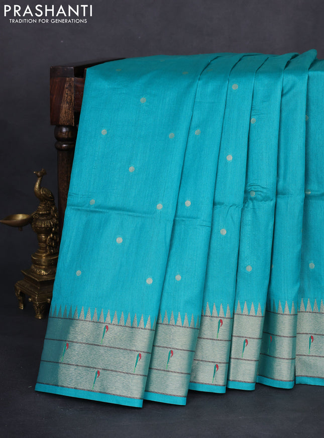 Semi paithani saree teal green shade with allover zari woven buttas and peacock design paithani pallu