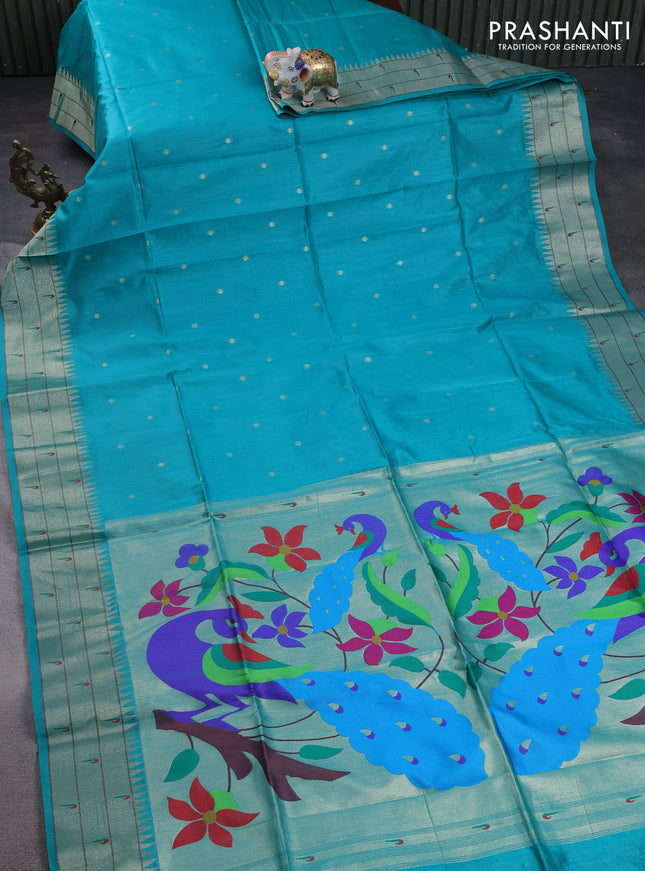 Semi paithani saree teal green shade with allover zari woven buttas and peacock design paithani pallu