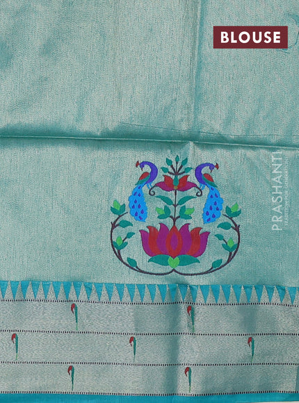 Semi paithani saree teal green shade with allover zari woven buttas and peacock design paithani pallu