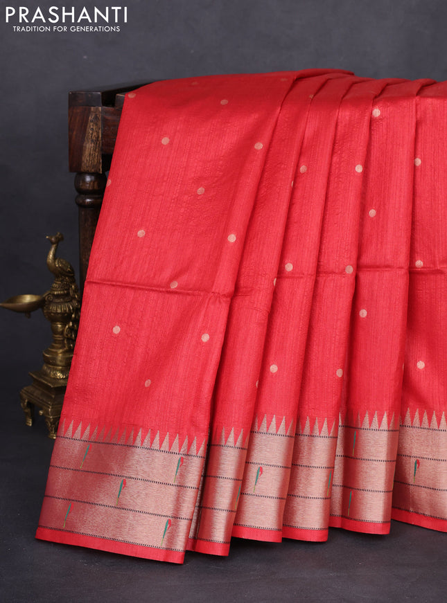Semi paithani saree red with allover zari woven buttas and peacock design paithani pallu