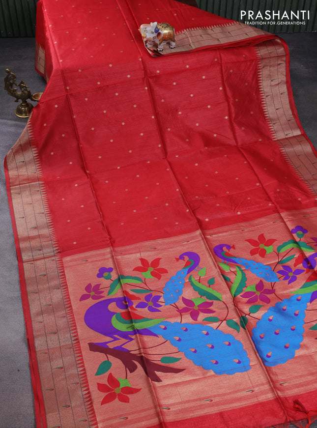 Semi paithani saree red with allover zari woven buttas and peacock design paithani pallu