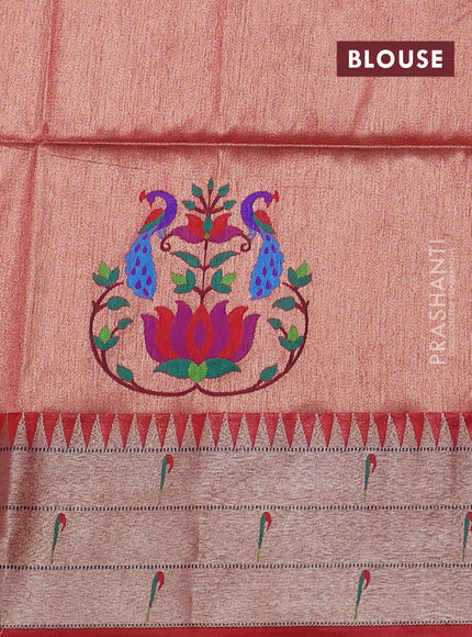 Semi paithani saree red with allover zari woven buttas and peacock design paithani pallu