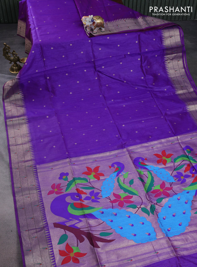 Semi paithani saree purple with allover zari woven buttas and peacock design paithani pallu