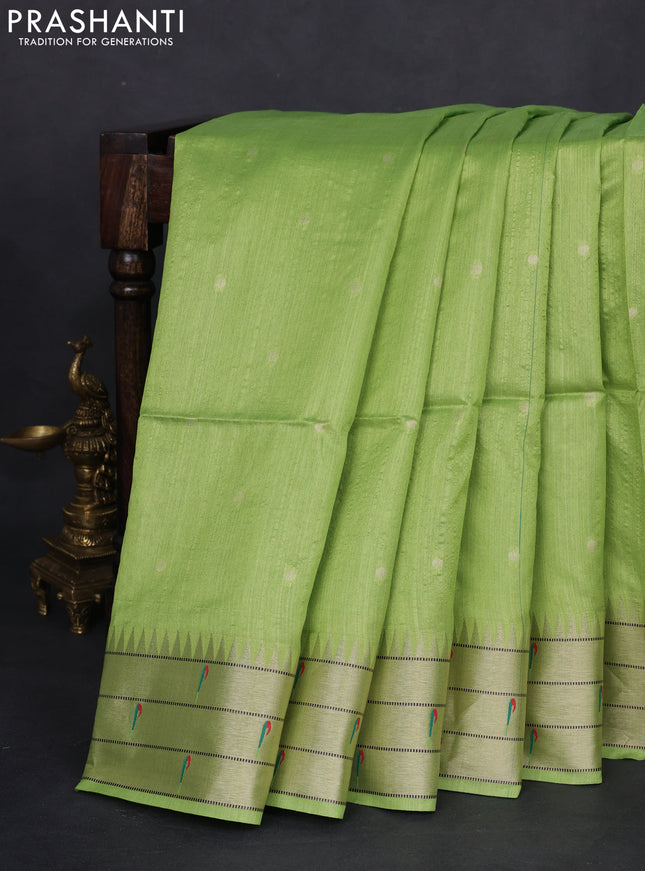 Semi paithani saree light green with allover zari woven buttas and peacock design paithani pallu
