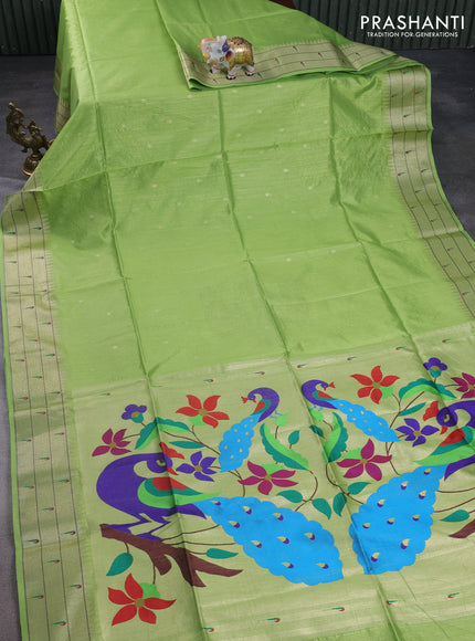 Semi paithani saree light green with allover zari woven buttas and peacock design paithani pallu