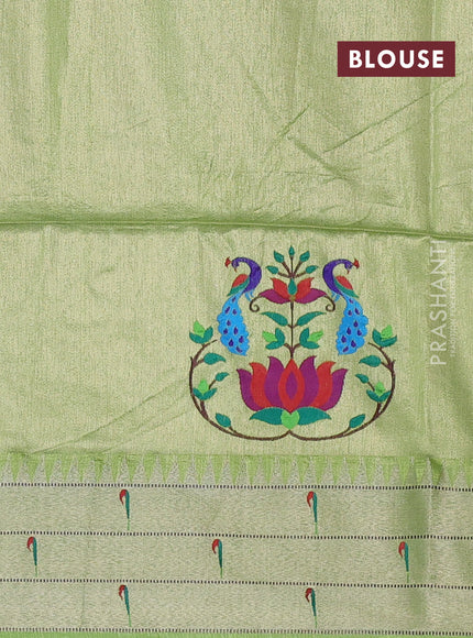 Semi paithani saree light green with allover zari woven buttas and peacock design paithani pallu