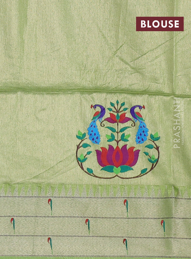 Semi paithani saree light green with allover zari woven buttas and peacock design paithani pallu