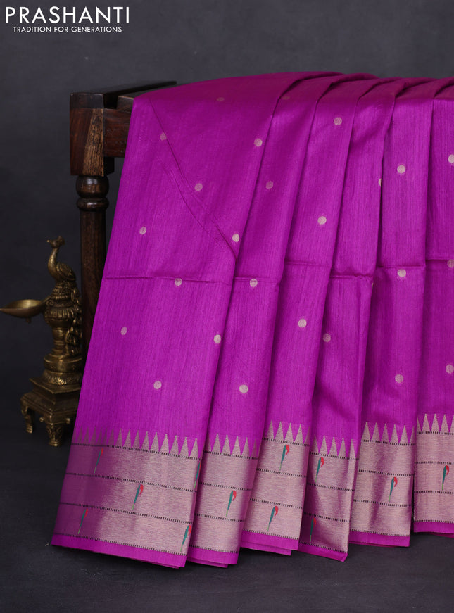 Semi paithani saree purple with allover zari woven buttas and peacock design paithani pallu
