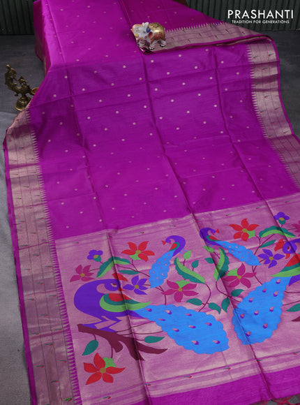Semi paithani saree purple with allover zari woven buttas and peacock design paithani pallu