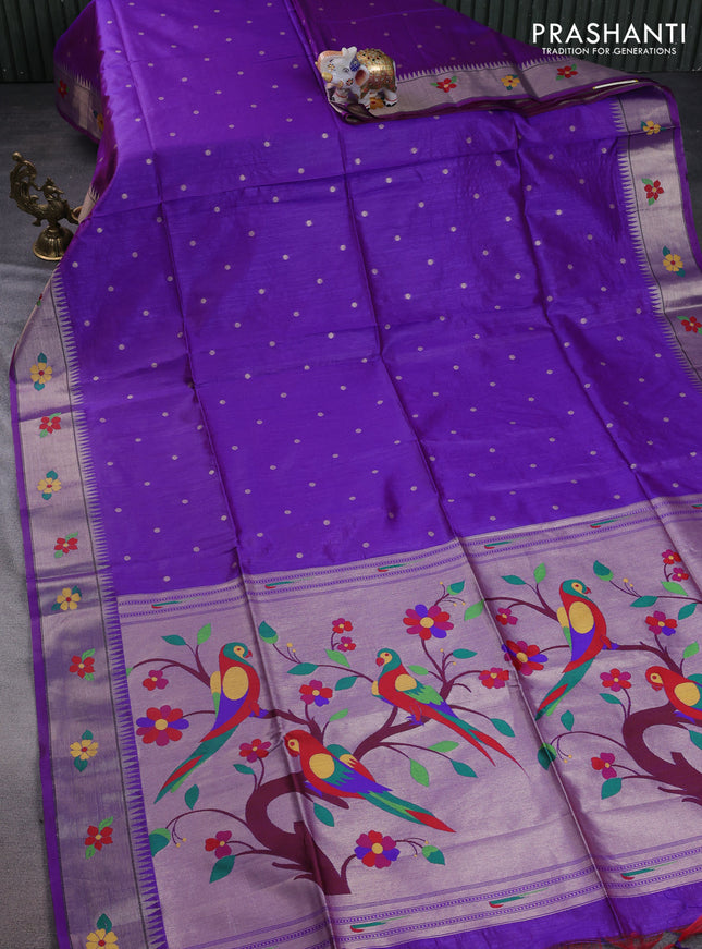 Semi paithani saree purple with allover zari woven buttas and parrot design paithani pallu