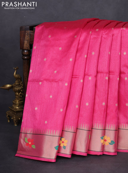 Semi paithani saree pink with allover zari woven buttas and parrot design paithani pallu