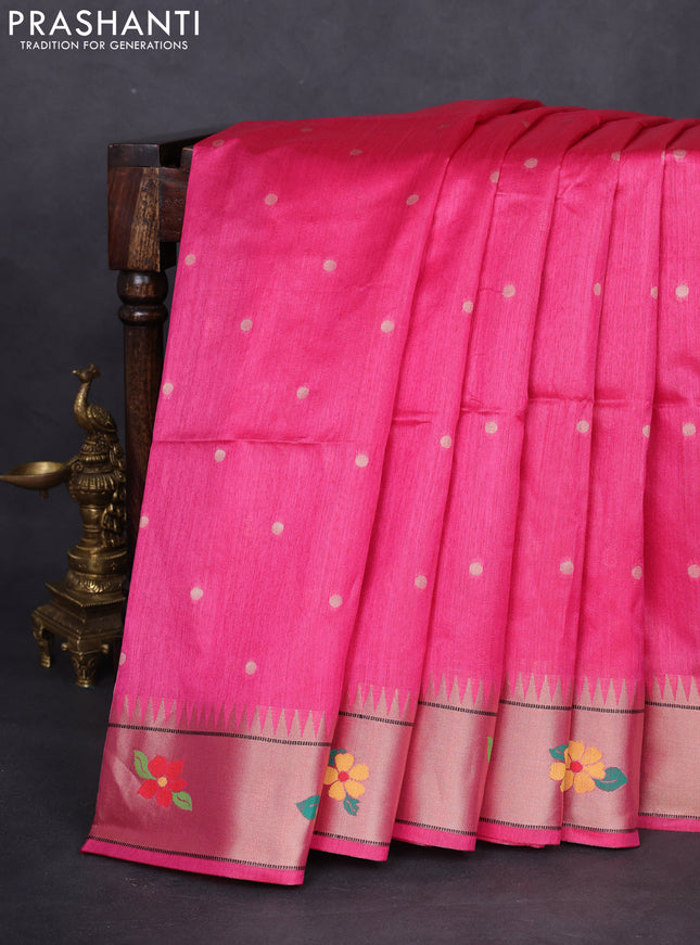 Semi paithani saree pink with allover zari woven buttas and parrot design paithani pallu