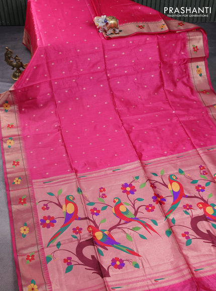 Semi paithani saree pink with allover zari woven buttas and parrot design paithani pallu