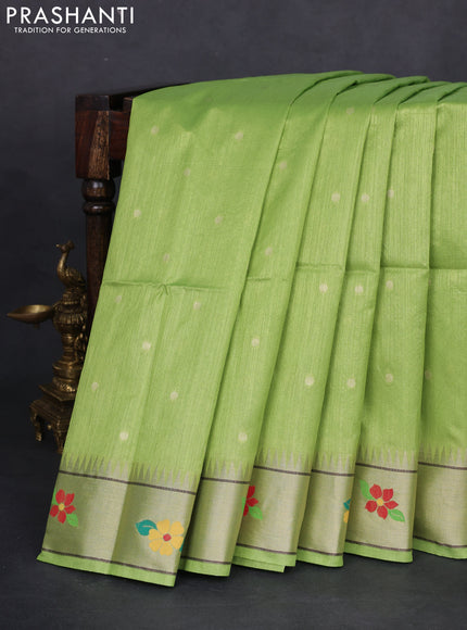 Semi paithani saree light green with allover zari woven buttas and parrot design paithani pallu