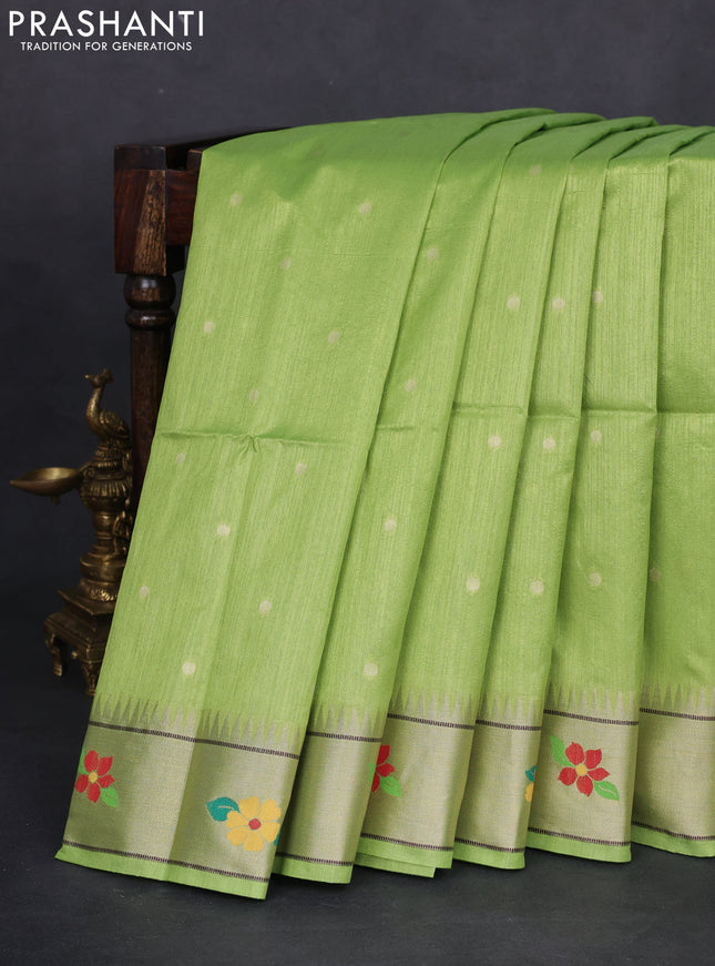 Semi paithani saree light green with allover zari woven buttas and parrot design paithani pallu