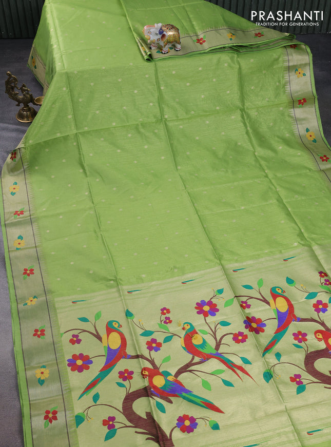 Semi paithani saree light green with allover zari woven buttas and parrot design paithani pallu