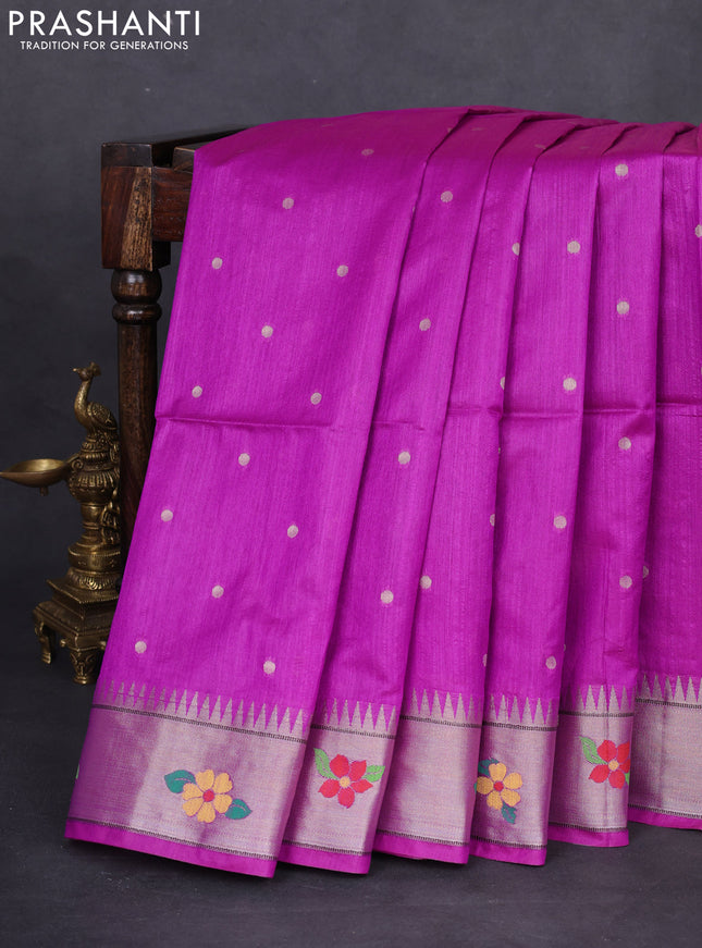 Semi paithani saree purple with allover zari woven buttas and parrot design paithani pallu