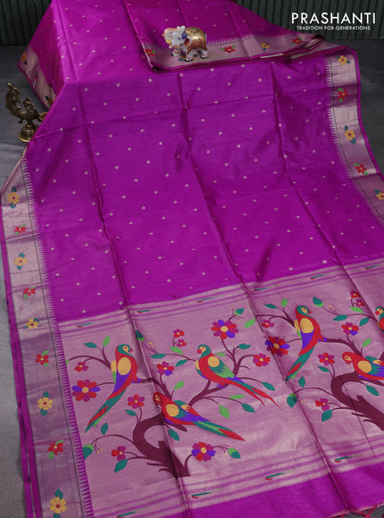 Semi paithani saree purple with allover zari woven buttas and parrot design paithani pallu