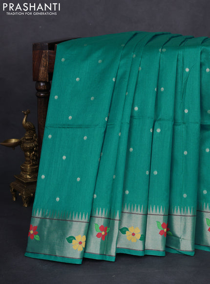 Semi paithani saree teal green with allover zari woven buttas and parrot design paithani pallu