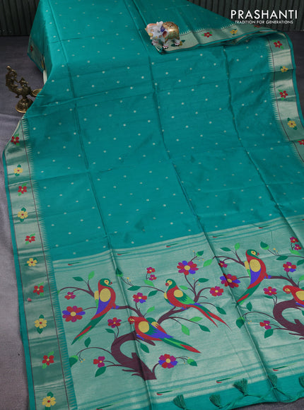 Semi paithani saree teal green with allover zari woven buttas and parrot design paithani pallu