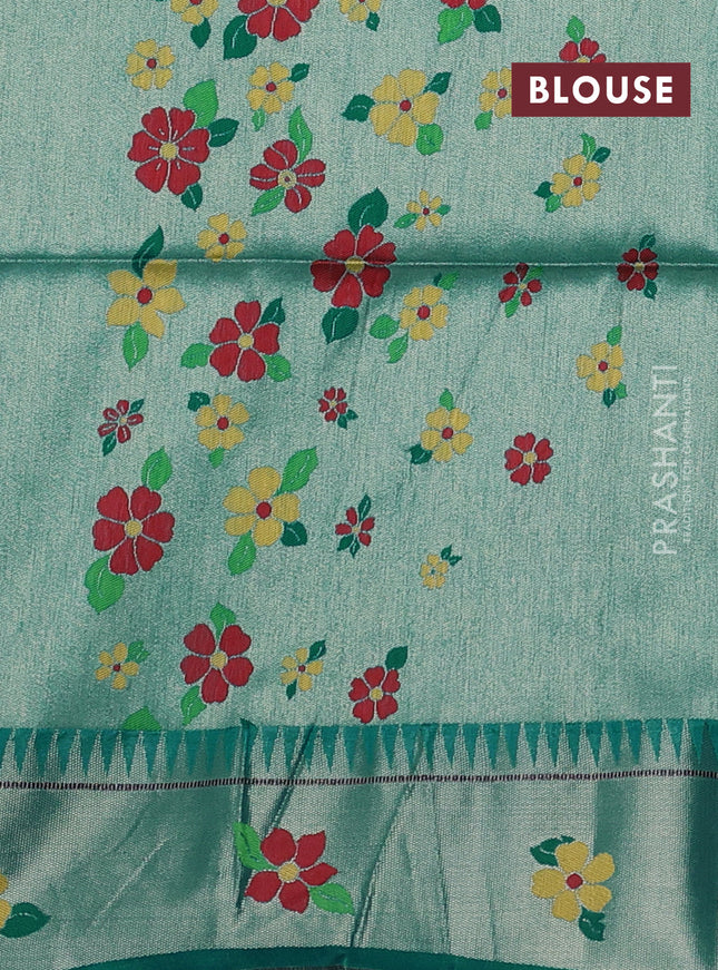 Semi paithani saree teal green with allover zari woven buttas and parrot design paithani pallu