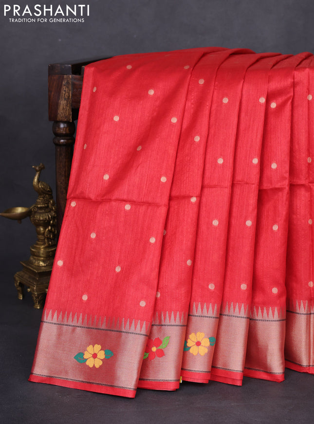 Semi paithani saree red with allover zari woven buttas and parrot design paithani pallu