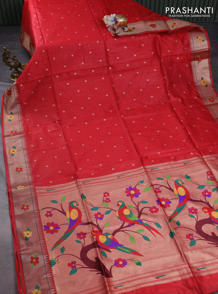 Semi paithani saree red with allover zari woven buttas and parrot design paithani pallu