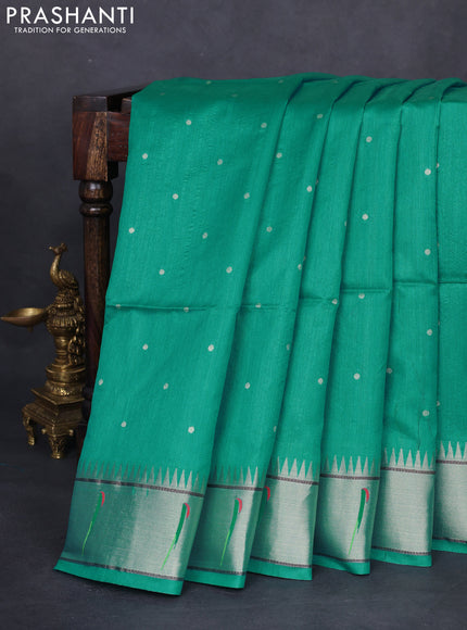 Semi paithani saree teal green shade with allover zari woven buttas and peacock design paithani pallu