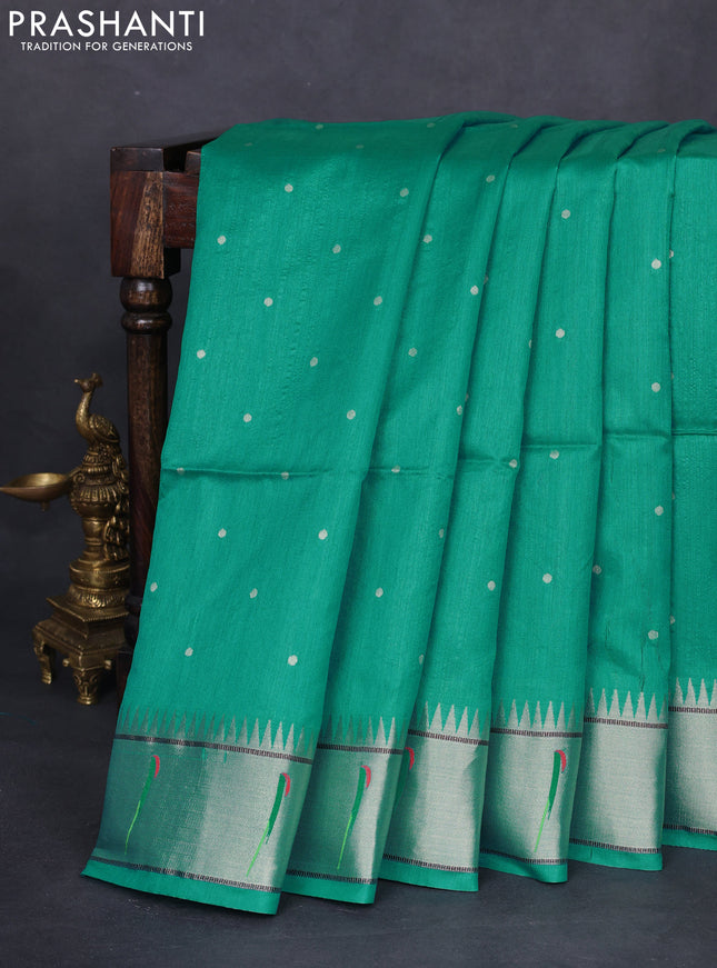 Semi paithani saree teal green shade with allover zari woven buttas and peacock design paithani pallu
