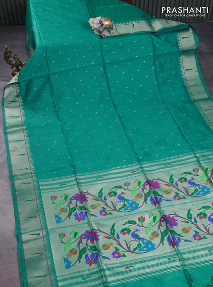 Semi paithani saree teal green shade with allover zari woven buttas and peacock design paithani pallu
