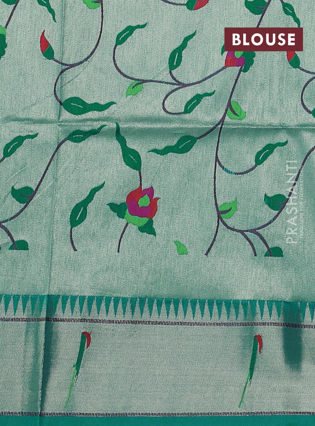 Semi paithani saree teal green shade with allover zari woven buttas and peacock design paithani pallu
