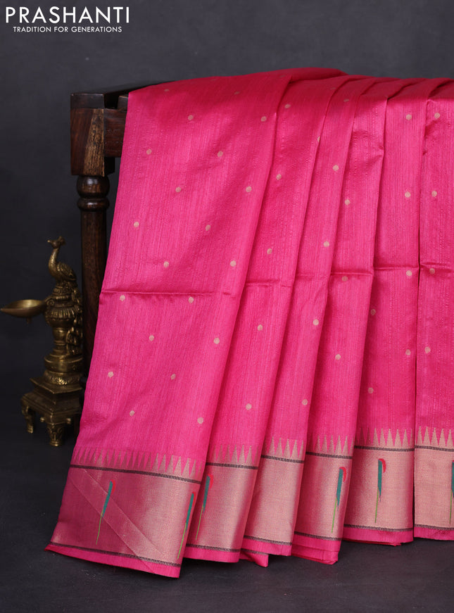 Semi paithani saree pink with allover zari woven buttas and peacock design paithani pallu
