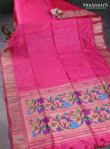 Semi paithani saree pink with allover zari woven buttas and peacock design paithani pallu
