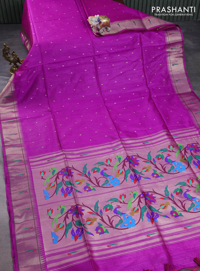 Semi paithani saree purple with allover zari woven buttas and peacock design paithani pallu